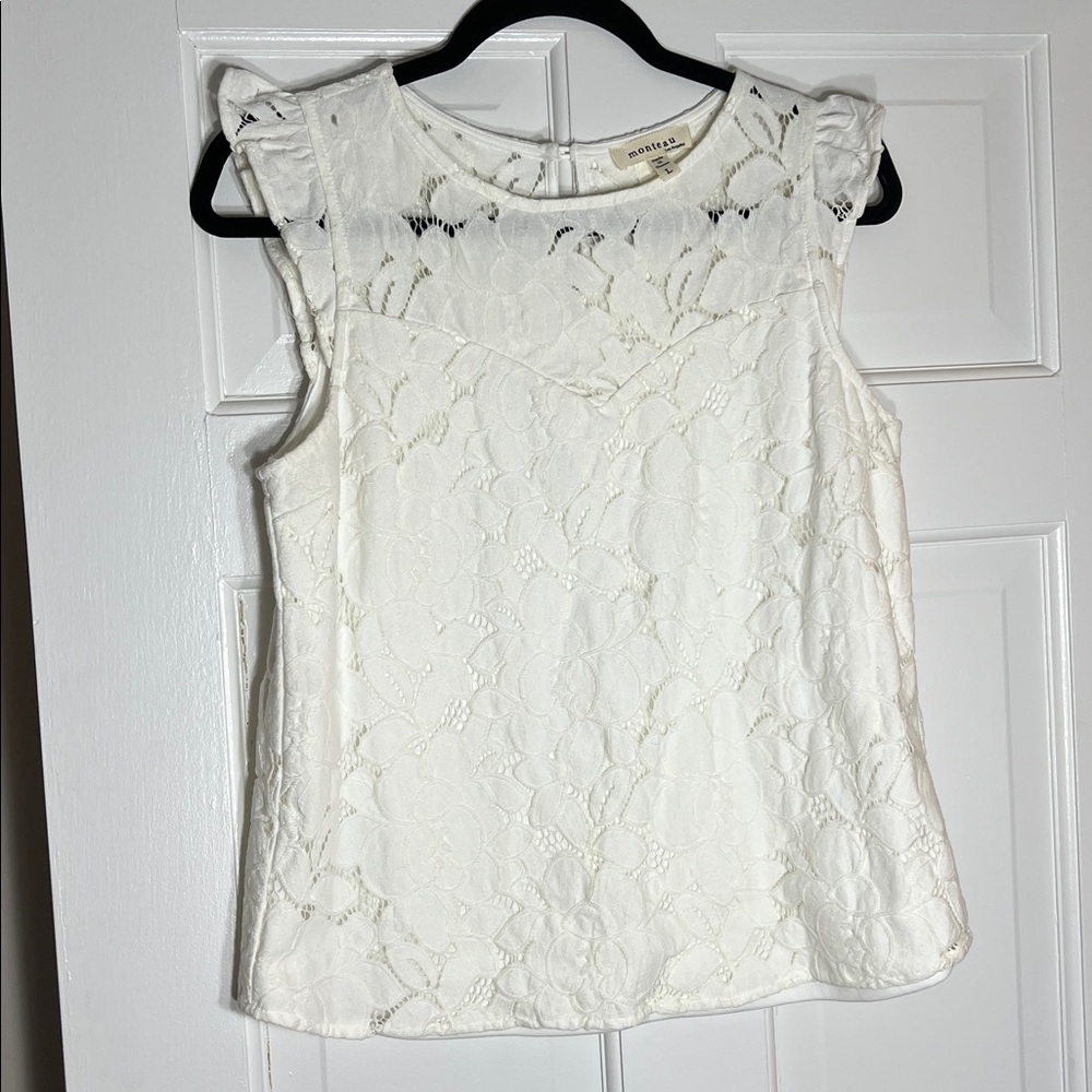 Monteau Floral Lace Overlay Sleeveless Top w/Ruffle Trim, Lined Bodice, Size L